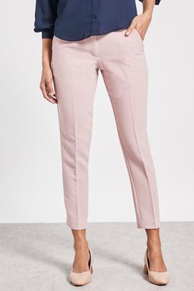 solid regular fit polyester blend women's pants - blush