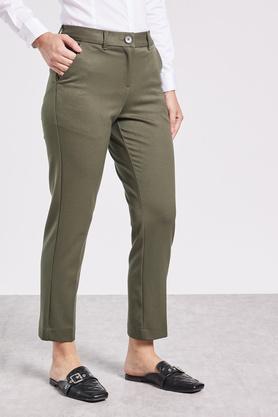 solid regular fit polyester blend women's pants - olive