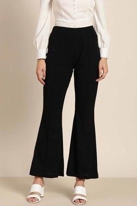 solid regular fit polyester blend womens trousers - black