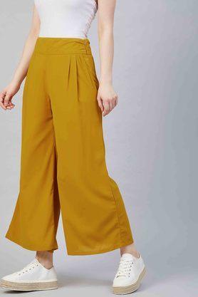 solid regular fit polyester women's casual trousers - yellow