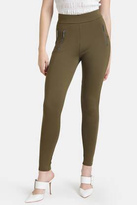 solid regular fit polyester women's casual wear jegging - olive