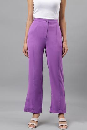 solid regular fit polyester women's casual wear pants - lavender