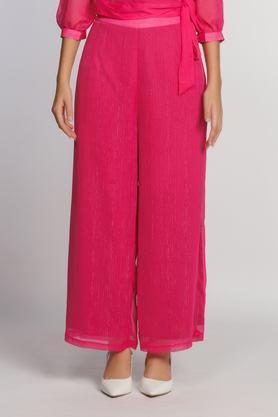 solid regular fit polyester women's casual wear pants - pink