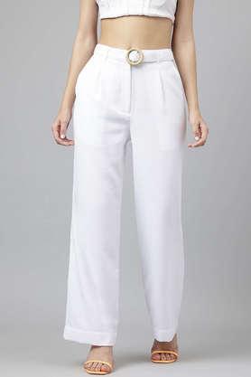 solid regular fit polyester women's casual wear pants - white