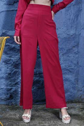 solid regular fit polyester women's casual wear trouser - fuchsia