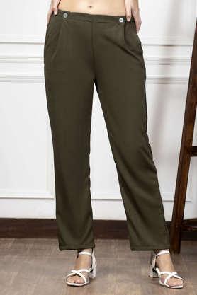 solid regular fit polyester women's casual wear trouser - green