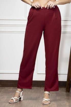 solid regular fit polyester women's casual wear trouser - red