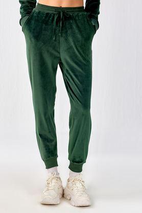 solid regular fit polyester women's casual wear trousers - green