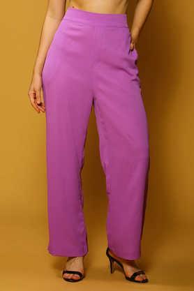 solid regular fit polyester women's casual wear trousers - purple