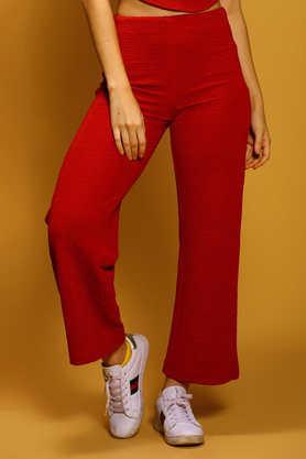solid regular fit polyester women's casual wear trousers - red