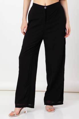 solid regular fit polyester women's festive wear trouser - black