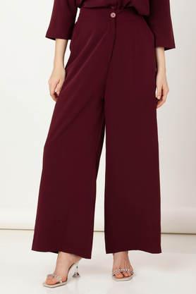 solid regular fit polyester women's festive wear trouser - maroon