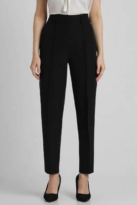 solid regular fit polyester women's formal wear pant - black