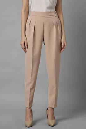 solid regular fit polyester women's formal wear pant - natural