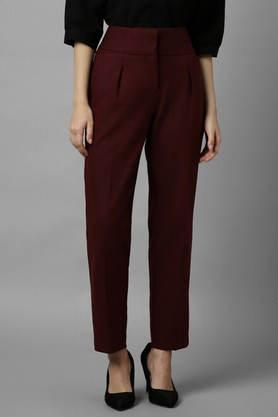 solid regular fit polyester women's formal wear pant - wine