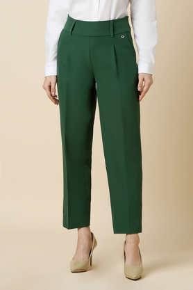 solid regular fit polyester women's formal wear pants - dark olive