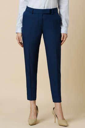 solid regular fit polyester women's formal wear pants - navy