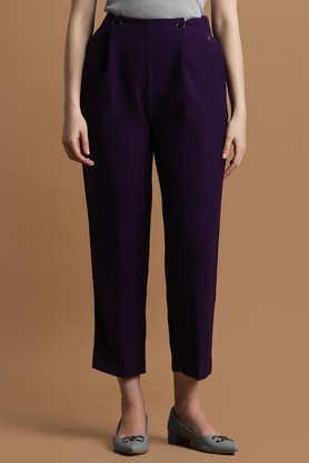 solid regular fit polyester women's formal wear pants - purple