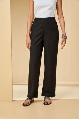 solid regular fit rayon women's casual wear pants - black