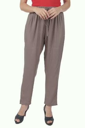 solid regular fit rayon women's casual wear pants - grey