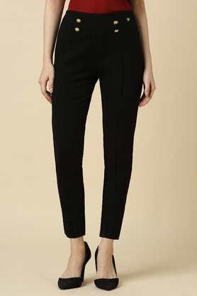 solid regular fit rayon women's formal wear pants - black