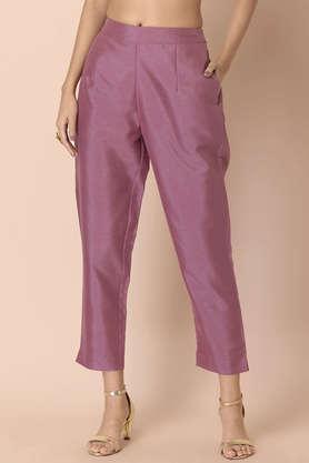 solid regular fit silk women's festive wear pants - pink