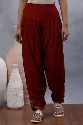 solid regular fit viscose women's festive wear pants - red