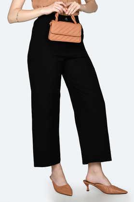 solid regular polyester blend women's casual wear pants - black