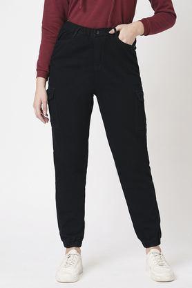 solid relaxed fit blended fabric women's casual wear pants - black