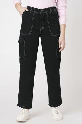 solid relaxed fit blended fabric women's casual wear trousers - black
