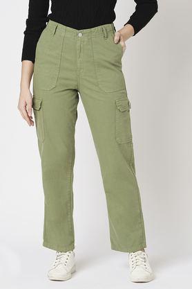 solid relaxed fit blended fabric women's casual wear trousers - light olive