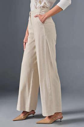solid relaxed fit blended fabric women's formal wear trousers - natural