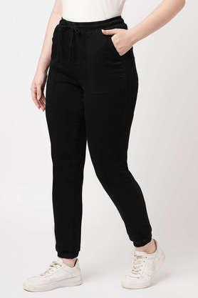 solid relaxed fit cotton blend women's casual wear trouser - black
