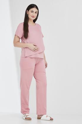 solid relaxed fit cotton stretch women's maternity wear pants - dusty pink