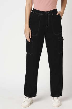 solid relaxed fit cotton women's casual wear pant - black