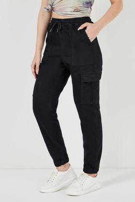 solid relaxed fit cotton women's casual wear pants - black