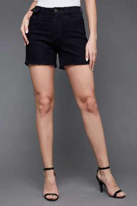 solid relaxed fit high rise stretchable denim shorts - black