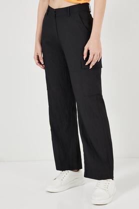 solid relaxed fit polyester women's casual wear pants - black