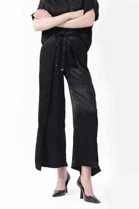 solid relaxed fit satin women's casual wear trousers - black