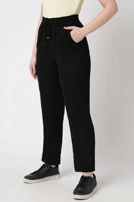 solid relaxed fit tencel women's casual wear trouser - black
