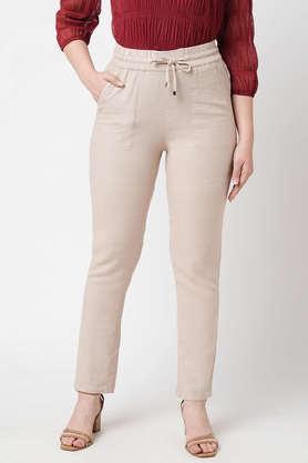 solid relaxed fit viscose women's casual wear trouser - natural