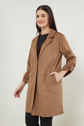 solid round neck blended fabric women's winter wear coat - natural