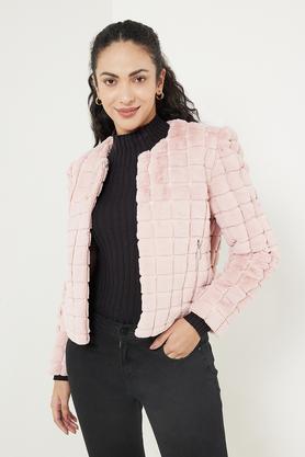 solid round neck blended fabric women's winter wear coat - pink
