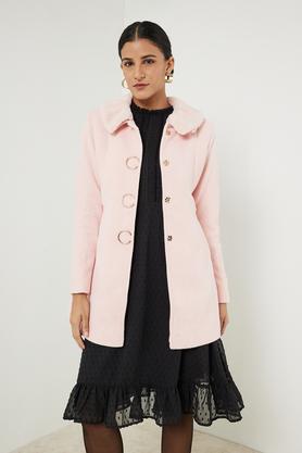 solid round neck blended fabric women's winter wear coat - pink