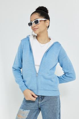 solid round neck blended women's cardigan - powder blue