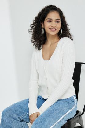 solid round neck blended women's cardigan - white