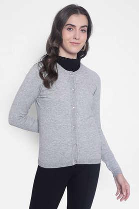 solid round neck blended women's casual wear cardigan - grey