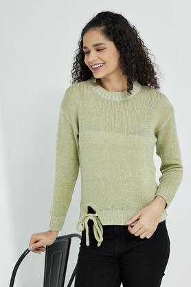 solid round neck blended women's pullover - sage