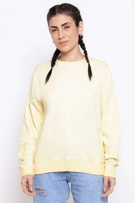 solid round neck cotton women's casual wear sweatshirt - yellow