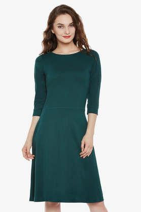 solid round neck cotton women's mini dress - green